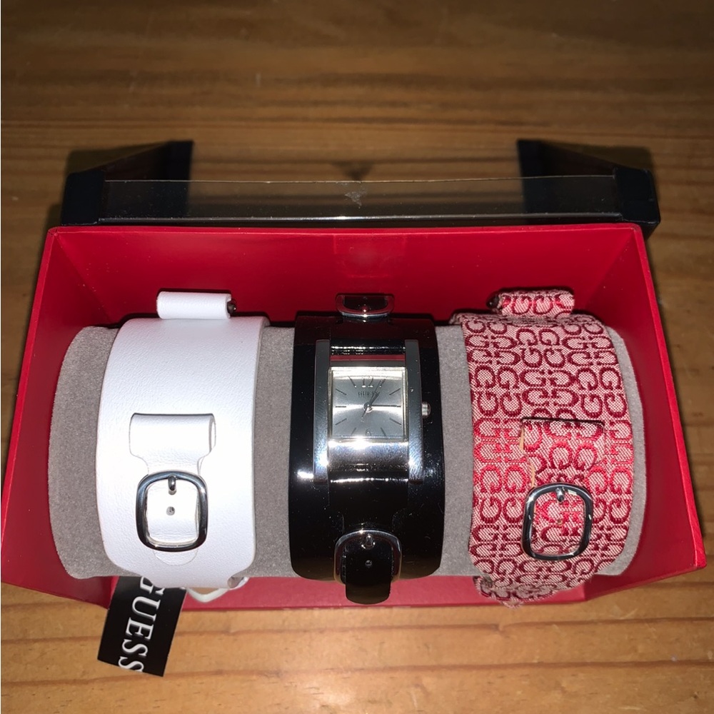 GUESS Women's Interchangeable Red, White & Black Cuff Watch Set